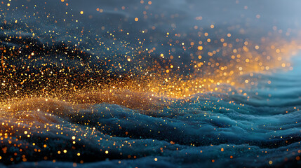 Abstract sparkling golden particles on a textured dark blue background with light and elegant bokeh effects and soft shadows in a modern style