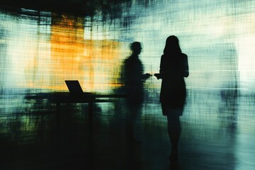 Poster - Silhouetted figures of two businesspeople having a conversation against a blurred background.