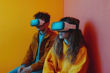 Leinwandbilder - Young couple wearing VR headsets, experiencing immersive virtual reality in a vibrant room.