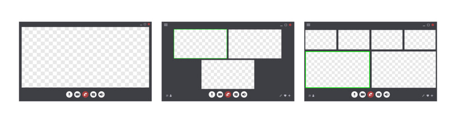 Videocall Interface. Online business webinar chat. Set of User video call windows. Virtual meeting space. Application for communication. Flat Vector illustration.