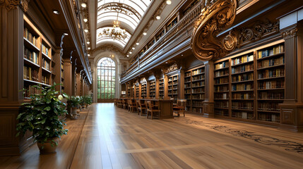  Grand Library Interior With Wooden Bookshelves And Sunlight