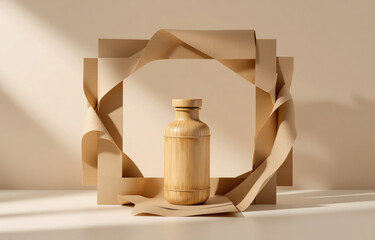 Poster - Sunlight illuminates a bamboo water bottle, elegantly displayed within a square frame crafted from folded, beige paper.  The scene evokes feelings of natural simplicity and sustainable design.