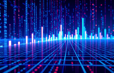 Aufkleber - Abstract digital landscape of glowing blue and pink data streams forming dynamic bar graphs.  Perspective creates a sense of depth and futuristic technology.