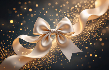 Aufkleber - Elegant champagne satin ribbon tied in a perfect bow, shimmering with golden bokeh lights against a dark background.  A luxurious and celebratory image.