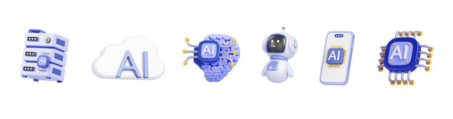 Artificial intelligence 3d render icon set. Chatbot robot, ai chip, brain, data server, cloud and mobile phone. Innovation technology, science and business, isolated design elements