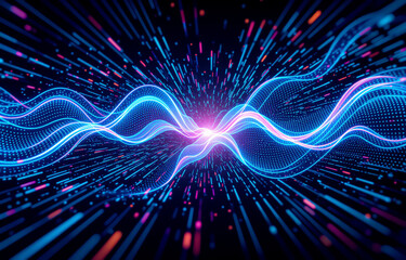 Poster - Abstract digital art depicting vibrant, flowing light waves converging at a central point, radiating outwards with streaks of light.  The image evokes feelings of speed, energy, and connection.
