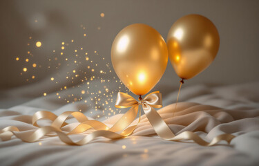 Leinwandbilder - Two shimmering gold balloons tied with a satin ribbon and bow, resting on a soft fabric, illuminated by magical golden sparkles.