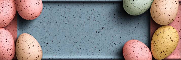 Poster - Colorful Speckled Eggs Arranged Around a Pastel Textured Frame for Decorative Spring Celebration Generative AI