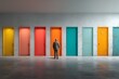 © Mimi - Businessman Facing Ten Colorful Doors in Modern Interior, Symbolizing Life Choices and Career Decisions
