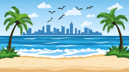 Wall Mural - serene beach scene featuring palm trees, gentle waves, and city skyline in background. bright blue sky and soft clouds create tranquil atmosphere, perfect for relaxation and escape