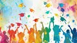 © iri.madrid.art - Joyful graduation celebration with colorful confetti and throwing caps. Horizontal banner. Copy space. End of the school year. Children in graduation cap. Schoolchildren enjoy the holidays
