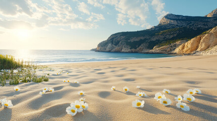 Wall Mural - serene beach scene featuring soft sand, gentle waves, and blooming flowers scattered across shore. sun sets behind mountains, creating peaceful and tranquil atmosphere