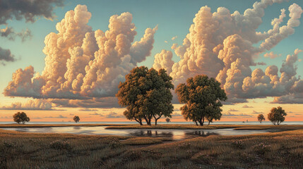 Wall Mural - serene landscape featuring lush green trees against backdrop of dramatic clouds and tranquil water body. scene evokes sense of peace and natural beauty, perfect for nature lovers