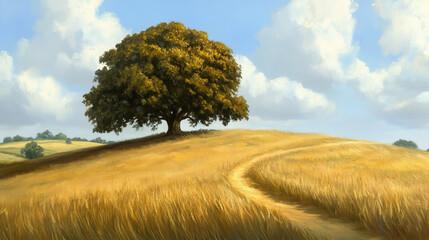 Wall Mural - serene landscape featuring large tree on golden field under bright blue sky with fluffy clouds. winding path invites exploration, evoking sense of peace and tranquility