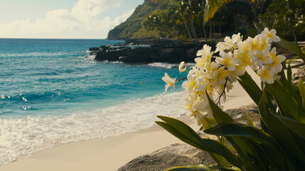 Wall Mural - serene beach scene featuring vibrant white flowers in foreground, with stunning ocean view and lush greenery in background. tranquil atmosphere evokes sense of peace and relaxation