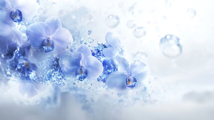 Wall Mural - serene composition featuring delicate blue orchids surrounded by bubbles and soft water splashes, ev