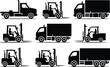 © Ahsan - Silhouetted collection of delivery trucks and forklifts representing transportation and logistics