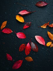 Aufkleber - Colorful Autumn Leaves Scattered on Dark Asphalt Showing Natures Beauty in Transition Generative AI