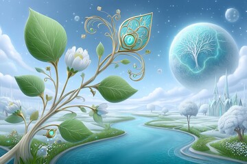 Poster - A fantasy landscape where elemental spirits restore balance to a damaged Earth using magical vines, light beams, and crystal energy