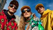 © Jane_S - Trendy young adults in colorful streetwear and caps against urban backdrop