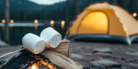 Wall Mural - Cozy camping: marshmallows roasting by fire with tent in mountainous landscape at dusk