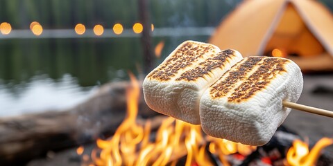 Wall Mural - Roasted marshmallows over campfire by lake during evening camping trip