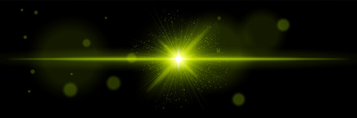 Wall Mural - green glowing burst with horizontal flare, light particles, radial rays on black background. concept