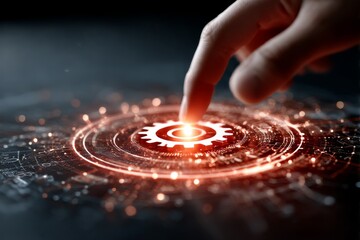 Poster - Activating the System: Finger Presses a Glowing Gear, Symbolizing Technology and Innovation for a Connected Future.