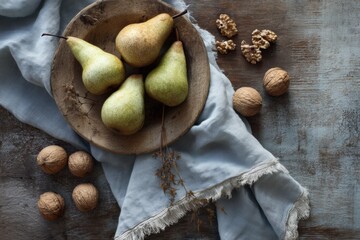Poster - Rustic Table Setting With Fresh Pears, Walnuts, and a Soft Linen Napkin for a Cozy Autumn Gathering Generative AI