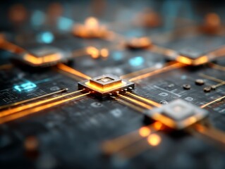 Fototapete - Advanced Microchip Interconnection: Technological Circuitry with Glowing Paths and Data Flow Visualization