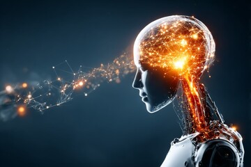 Fototapete - Artificial Intelligence Mind: Humanoid Robot with Glowing Neural Network Connections and Digital Brain