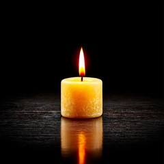 Aufkleber - A Single Candle Flame Illuminating the Darkness, Reflecting on a Dark Surface, a beacon of hope and warmth in the night.