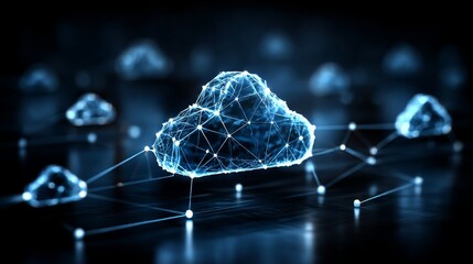 Aufkleber - Cloud Computing Network: A digital cloud connected by nodes on a dark background, representing modern data storage and networking.