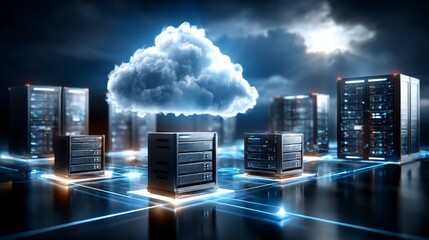 Poster - Cloud Computing Network: Servers with data center connections and a large cloud.