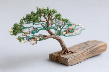 Poster - Cybernetic Bonsai: A Fusion of Nature and Technology on a Wood Base, Featuring Green Circuitry