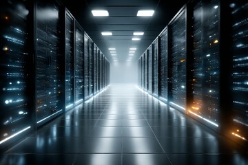 Fototapete - Data Center Server Room with Rows of Rack Servers, High-Tech Facility for Cloud Computing and Data Storage.