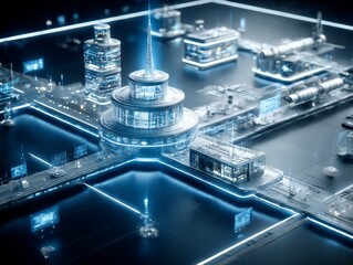 Poster - Futuristic Cityscape: A Glowing Network of Technology and Innovation in a High-Tech Blue Glow, Modern and Sleek Design.