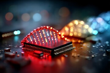 Poster - High-Tech DNA: An artistic macro shot of a glowing DNA helix resting on a computer microchip, hinting at biotechnological innovation.