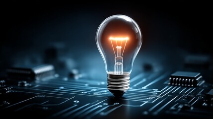 Fototapete - Illuminating Innovation: A Light Bulb on a Circuit Board, Representing Technological Advancement and Bright Ideas.