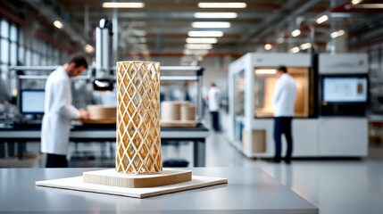 Fototapete - Innovative 3D Printed Structure in Modern Lab with Scientists and Equipment Showcasing Advanced Manufacturing