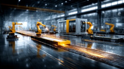 Poster - Industrial Automation: Futuristic Factory with Robotic Arms and Data Overlay, Revolutionizing Manufacturing Processes.