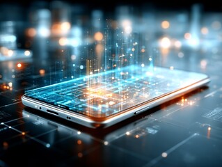 Aufkleber - Smartphone with Futuristic Data Visualization and Connected Network in Abstract Cityscape