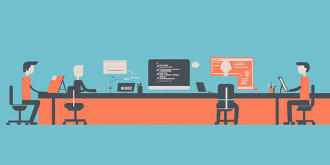Flat vector illustration of diverse software developers collaborating and programming together around long office table with laptops and coding screens in minimalist style