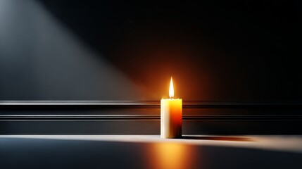 Poster - A Single Candle Burning Brightly Against a Dark Wall, Casting Light and Shadow in a Moment of Peaceful Reflection