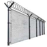 Hyper-realistic rendering of a security barrier: tall chain link fence section topped with barbed wire (optional, check stock content rules), isolated on Transparent background.