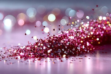 Aufkleber - Sparkling Red Glitter Heap on a Pink Surface with Bokeh Lights Background, Perfect for Festive Celebrations