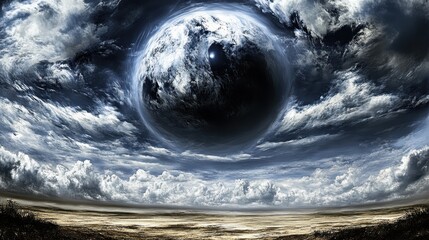Wall Mural - Dramatic celestial scene with a colossal planet rising over a textured landscape beneath a swirling stormy atmosphere