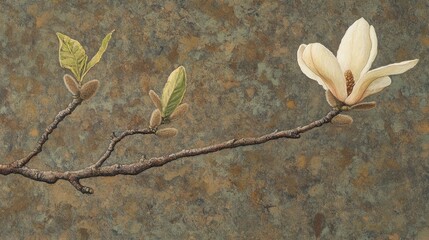 close-up of fresh magnolia buds just starting to bloom on textured brown branches