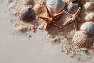 Poster - Seashells and Starfish Scattered Across Soft Pale Beach Sand Create a Serene Coastal Experience Generative AI