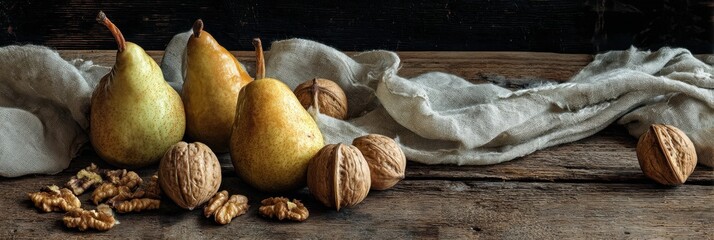 Fototapete - Rustic Table Arrangement Featuring Fresh Pears and Walnuts With a Linen Napkin in a Cozy Setting Generative AI